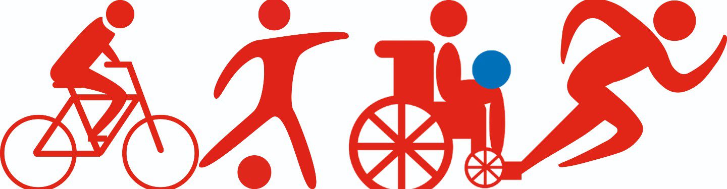 cartoons in red of cycling, football, wheelchair basketball and running
