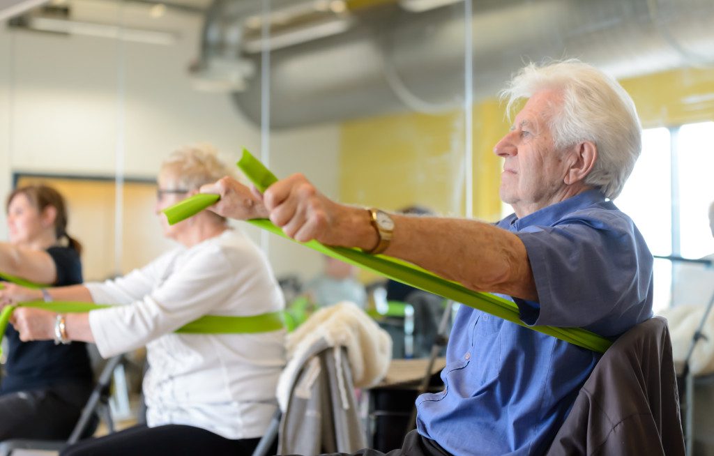 An exercise class using resistance bands