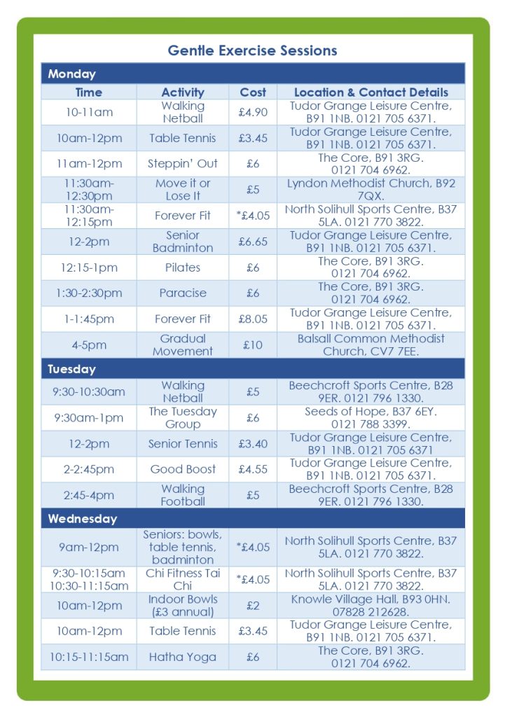 Gentle Exercise Timetable Page 1