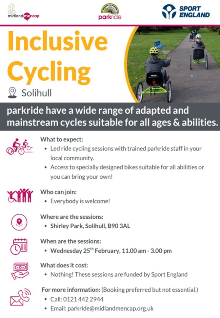 Midland Mencap Parkride Inclusive Cycling February Session Poster